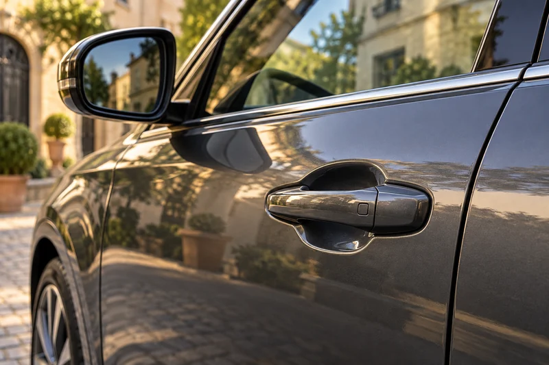 Türgriff und Seitenspiegel eines grauen Autos